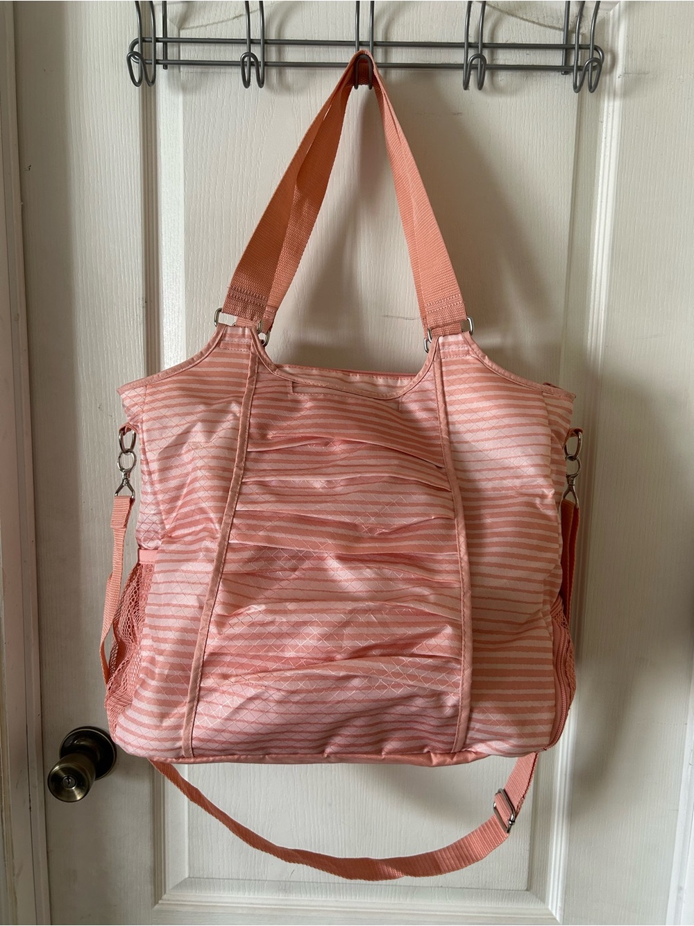 Thirty-One 31 Peach/Light Pink Stripe Big Multi Use Tote Bag